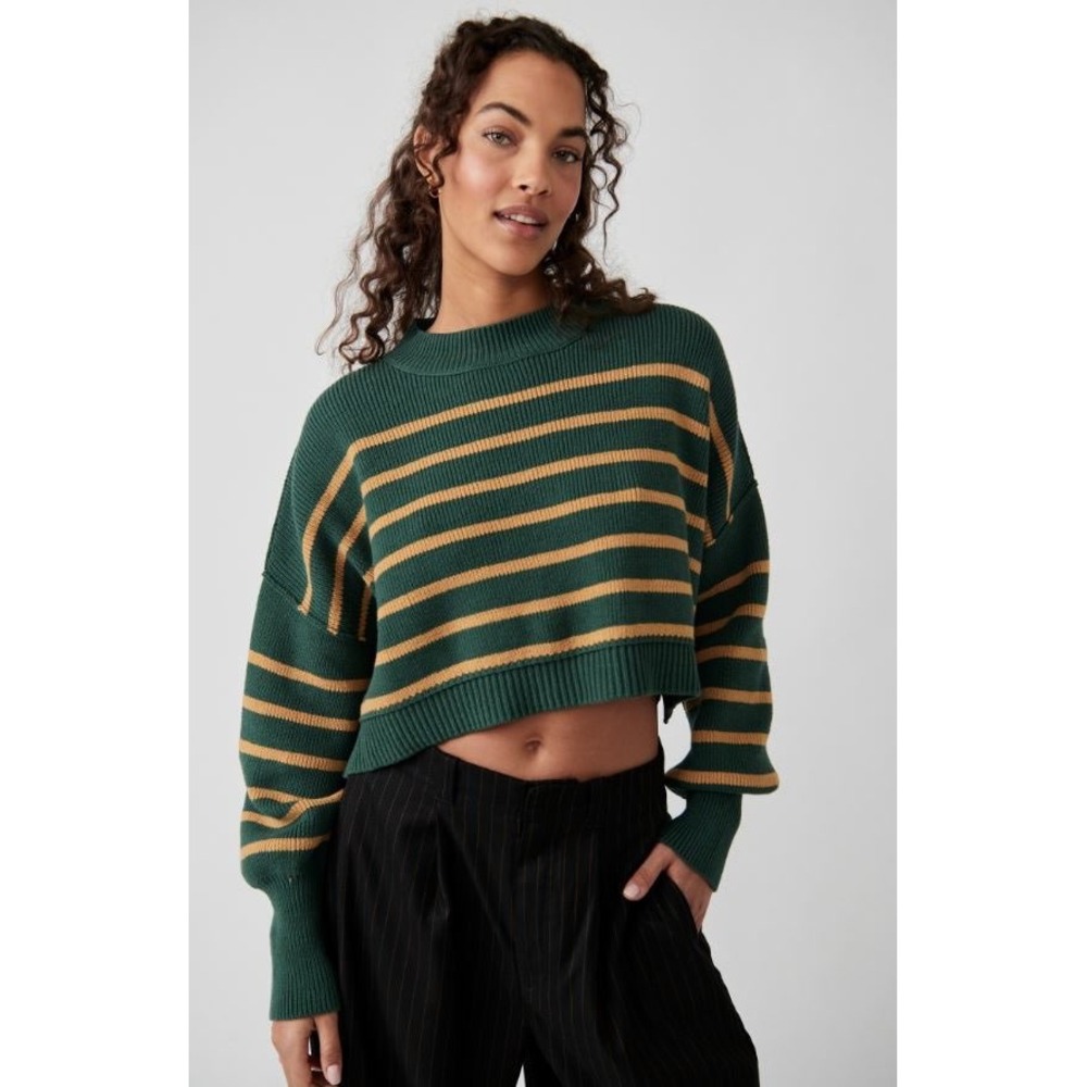 Free People Easy Street Striped Crop‎ Sweater Green Yellow Ribbed Pullover Small